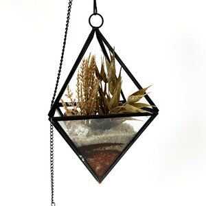 Hanging Geometric Octahedron Terrarium with Chain with Faux, Artificial Plants